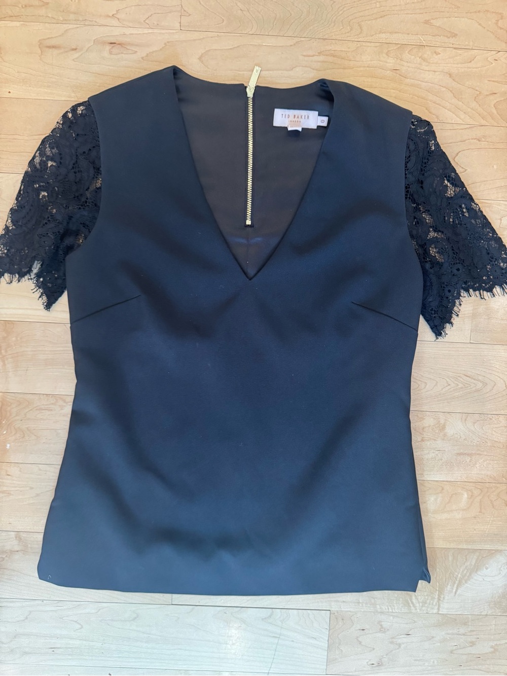 Ted Baker Black V-Neck Blouse with Lace Sleeves